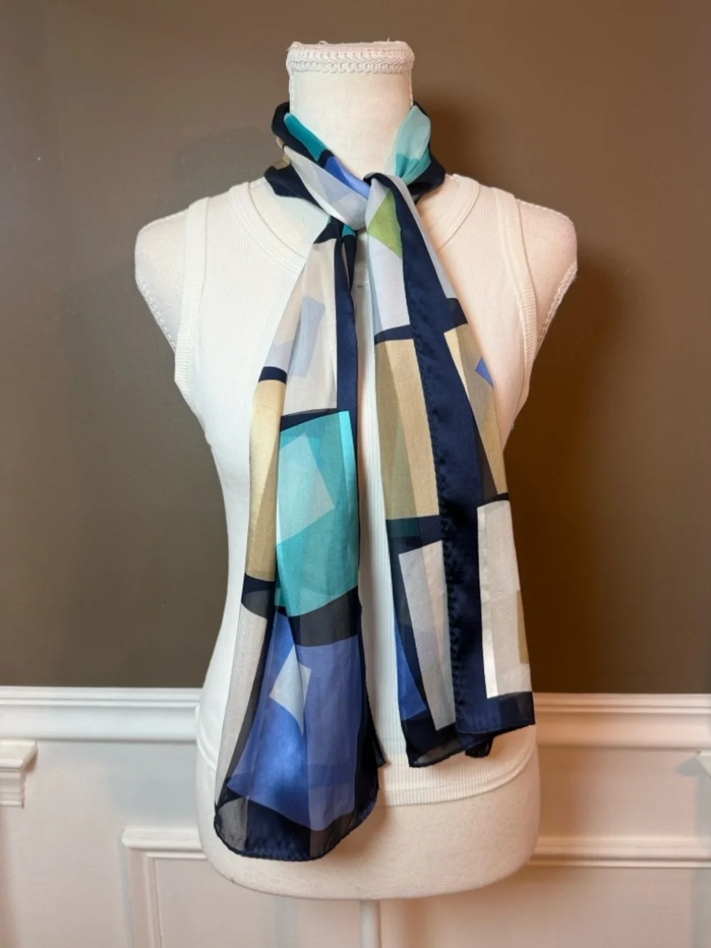 Echo Silk Scarf Y2K Geometric‎ Blue Green Sheer Lightweight